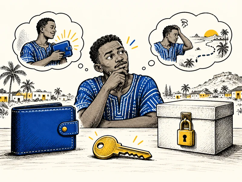 A learner considering a wallet, a key and a locked recovery box.