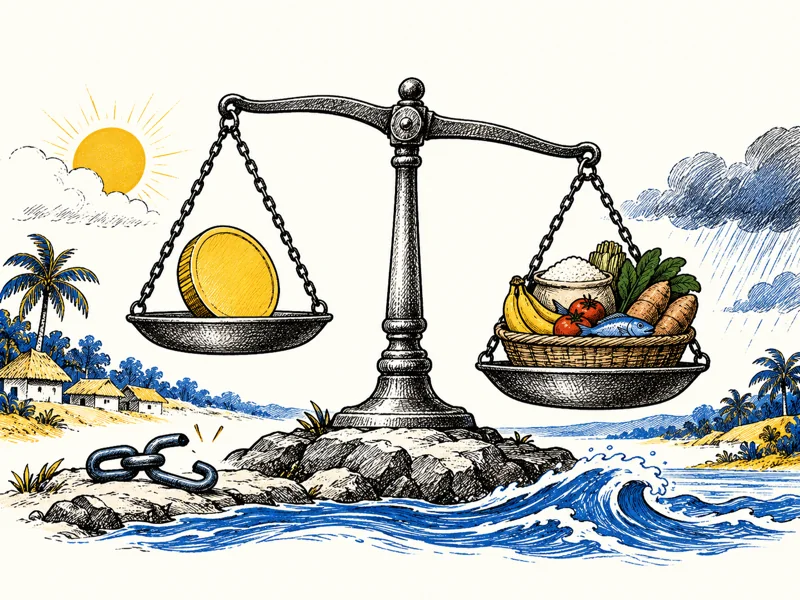 A coin and a basket of goods on a balance scale, with changing conditions around them.